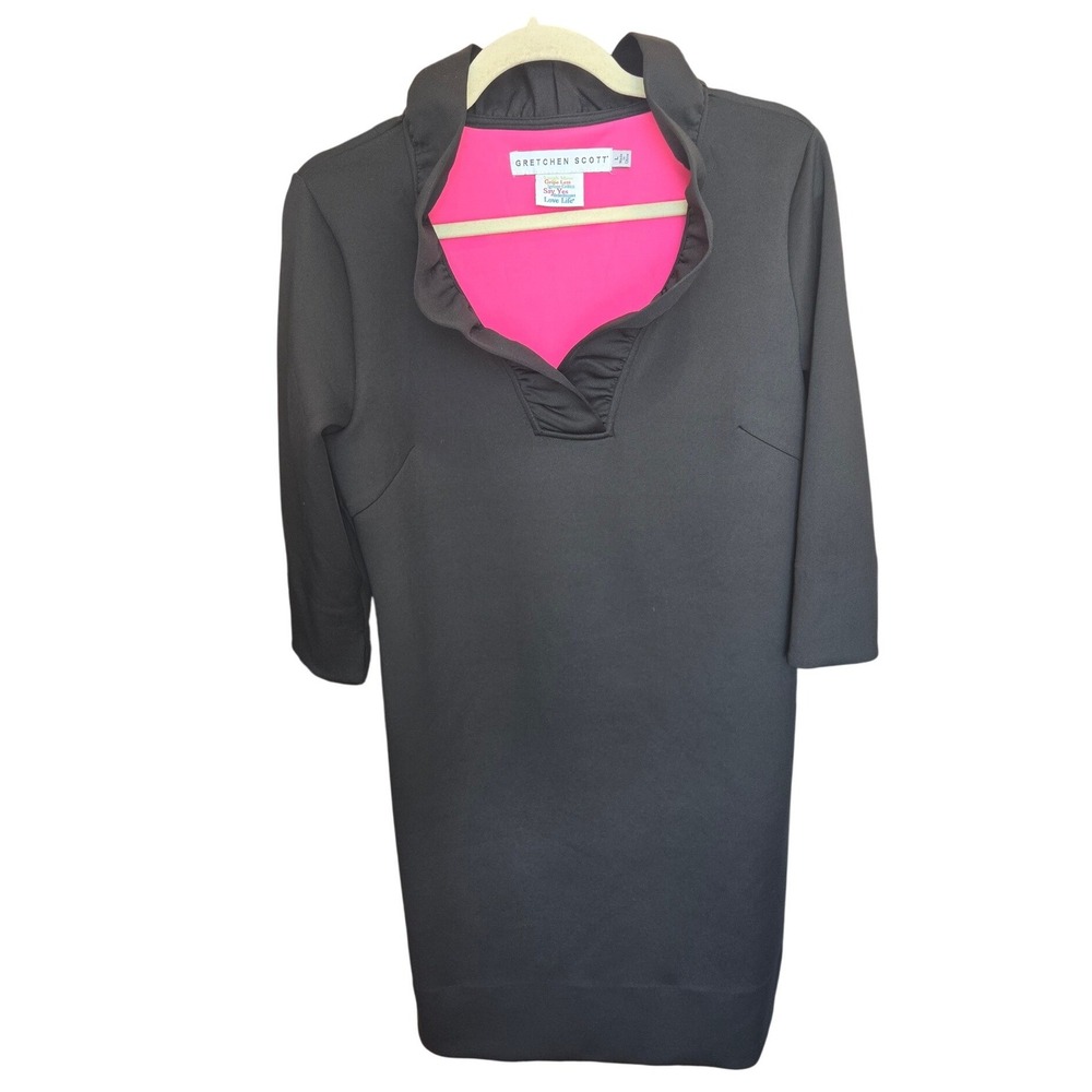 Gretchen Scott Black Shift Dress Ruffle Collar Ruff Neck 3/4 Sleeve Preppy Large